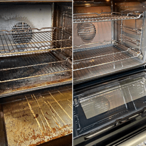 Image of dirty oven and clean oven differences, in blog about 'why does my oven smoke' and more dirty oven problems
